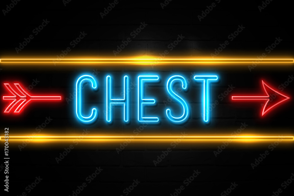 Chest  - fluorescent Neon Sign on brickwall Front view