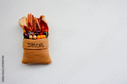 Spices in a little bag on white background. Important ingredient in evrey kind of food. photo