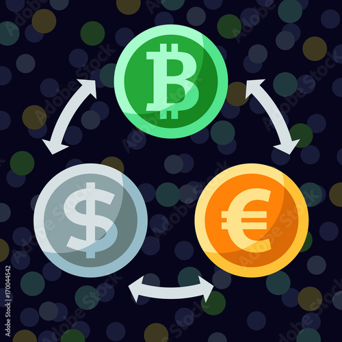 Currency and cryptocurrency exchange flat icon — bitcoin, euro and dollar symbol