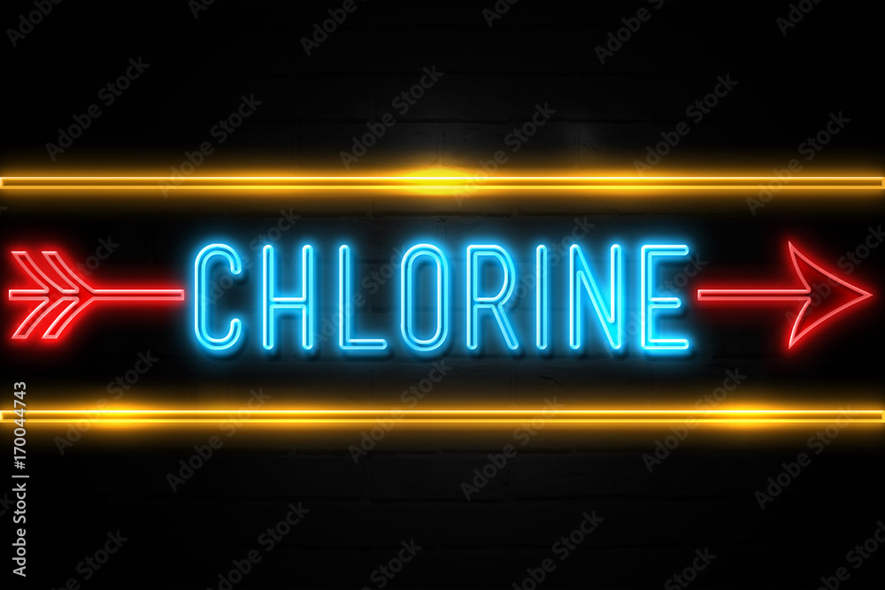 Chlorine  - fluorescent Neon Sign on brickwall Front view