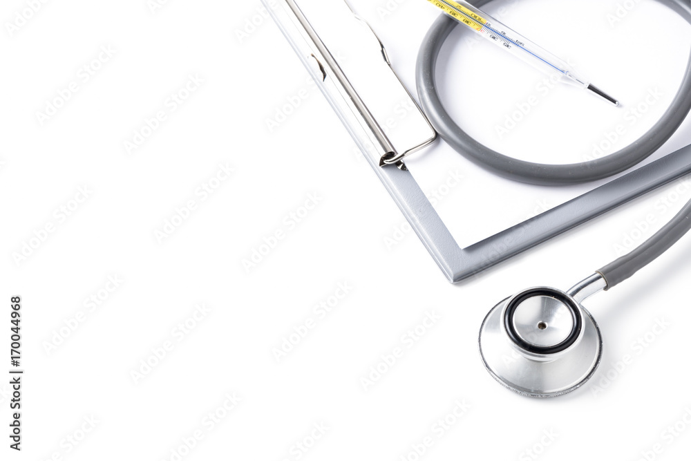 stethoscope, clipboard and thermometer isolated stethoscope, clipboard and thermometer isolated