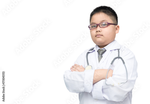 Portrait of smart little doctor with stethoscope isolated.