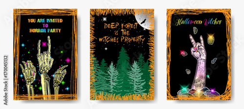 Set of six hand drawn style Halloween poster designs with Halloween symbols and calligraphy.  Colourful flyers and party invitation designs. Vector.
