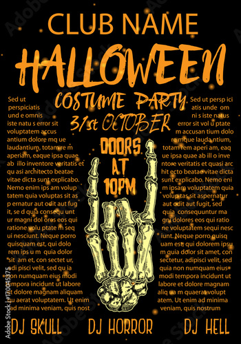 Halloween costume party invitation and greeting card, flyer, banner, poster template. Hand drawn skeleton hand gesture and handwritten ink lettering. Lot of space for text. Vector.
