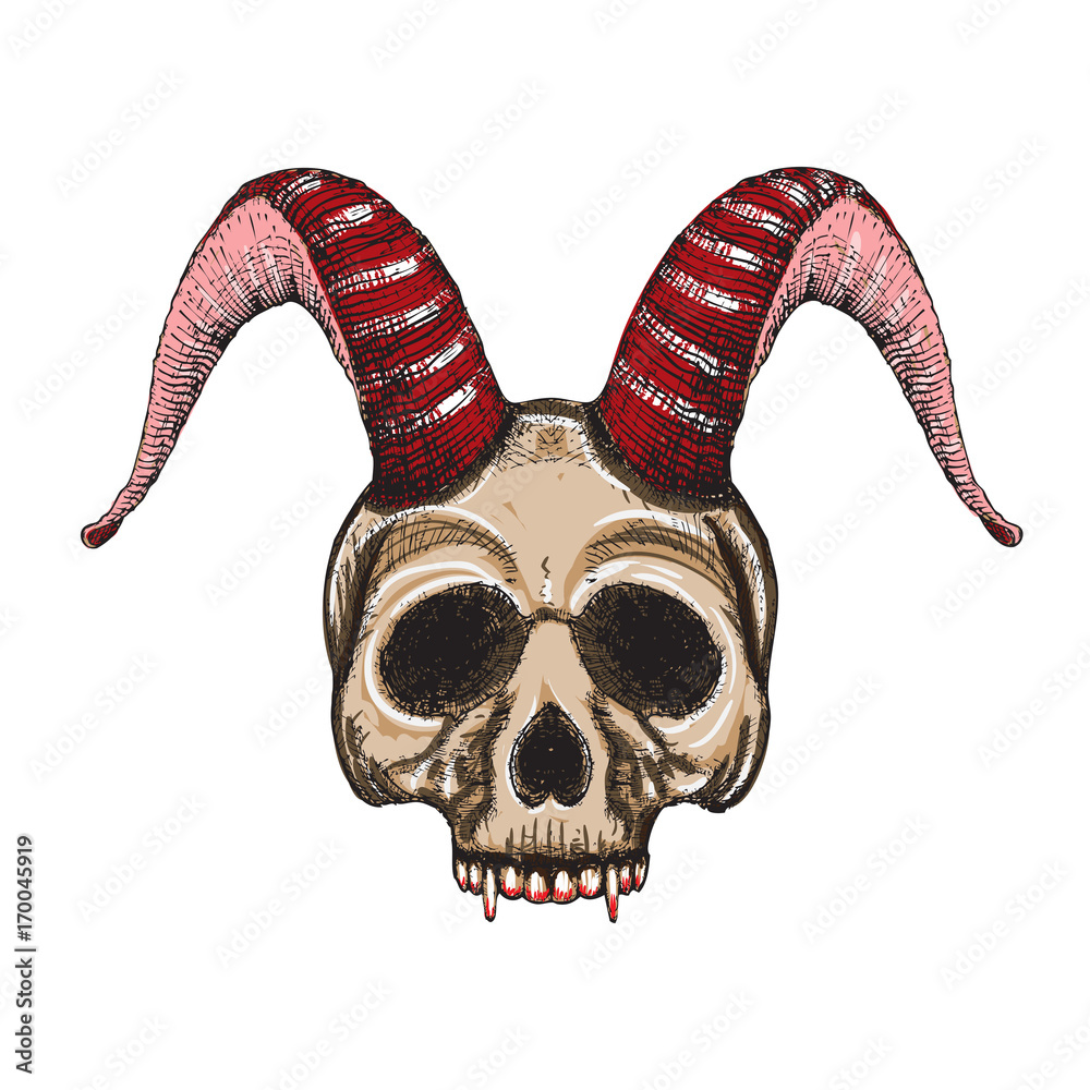 Skull with horns. Human skull with goat horns. Demon Head. A demon