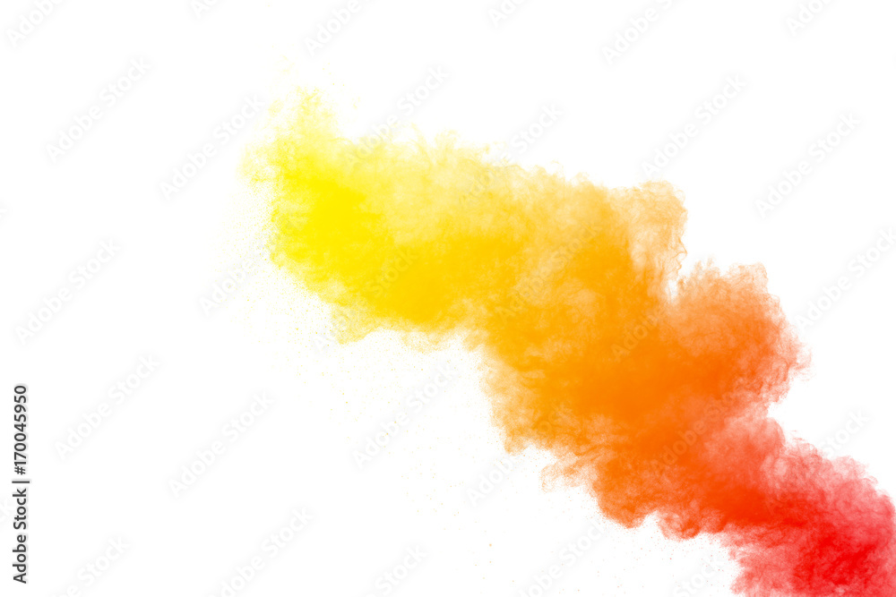 Multicolored powder explosion on white background.