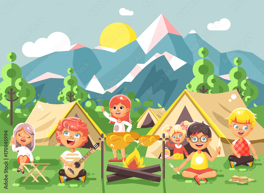 Fototapeta premium hildren boy sings playing guitar with girl scouts, camping on nature, hike tents and backpacks, adventure park outdoor background of mountains flat style