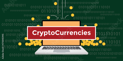 cryptocurrency concept with laptop and text with gold coin money fall and binary code as background