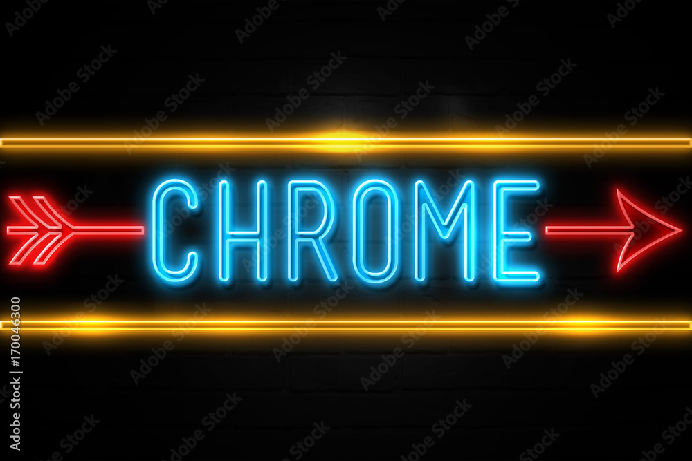 Chrome  - fluorescent Neon Sign on brickwall Front view
