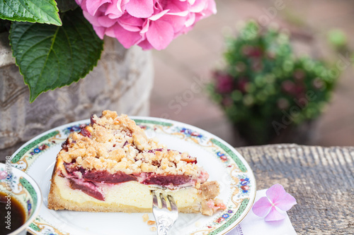 Ein Stück Pflaumen-Käsekuchen auf auf Porzellanteller im Garten photo