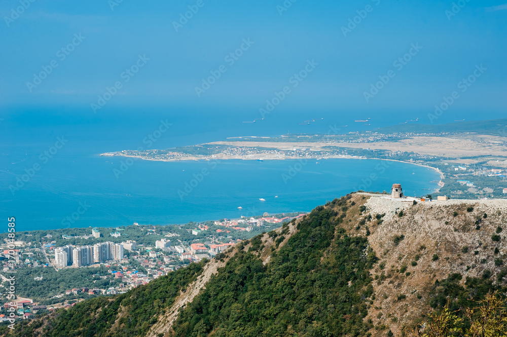 Aerial view of the bay and the city at the foot of the hill. Black Sea, Russia