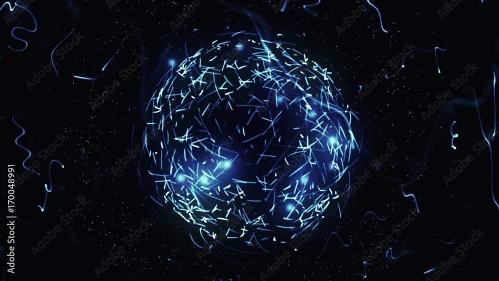 Blue sphere in space with glowing particles. Abstract background. Loop ...
