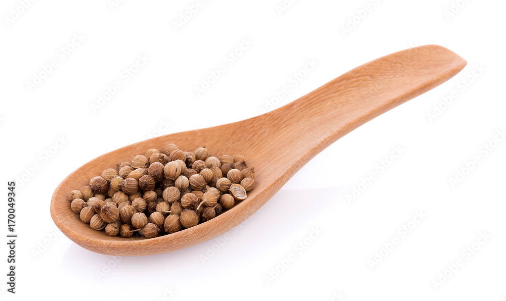 coriander seeds in spoon wooden on white background coriander seeds in spoon wooden on white background