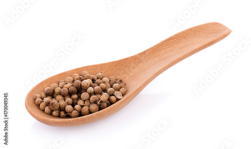 coriander seeds in spoon wooden on white background