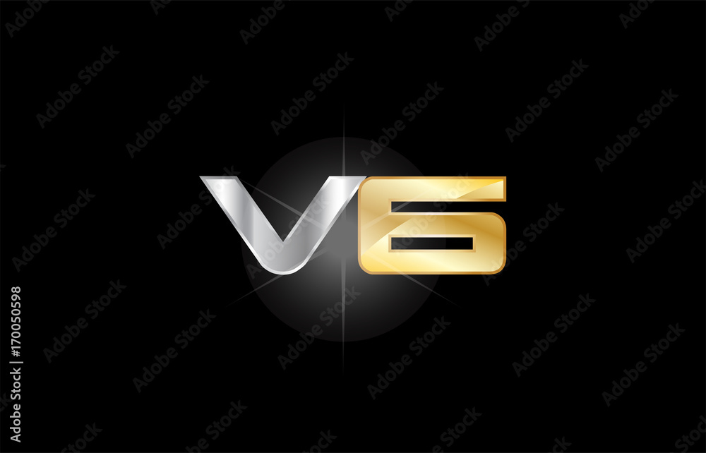 Vetor de V6 V 6 silver gold letter number logo icon design do Stock