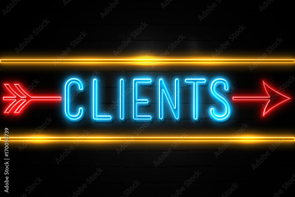Clients - fluorescent Neon Sign on brickwall Front view Clients - fluorescent Neon Sign on brickwall Front view