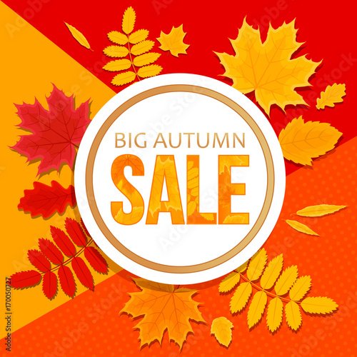 Autumn bright sale banner on geometric background. Vector illustration. Flat design.