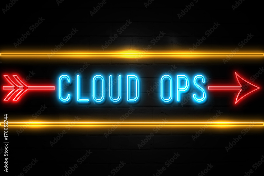 Fototapeta premium Cloud Ops - fluorescent Neon Sign on brickwall Front view
