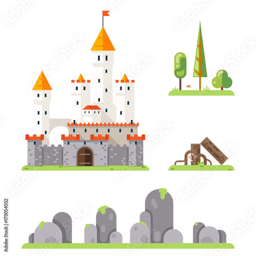 Castle Game Screen Concept Adventurer RPG Flat Design Magic Fairy Tail Icon Isolated Template Vector Illustration