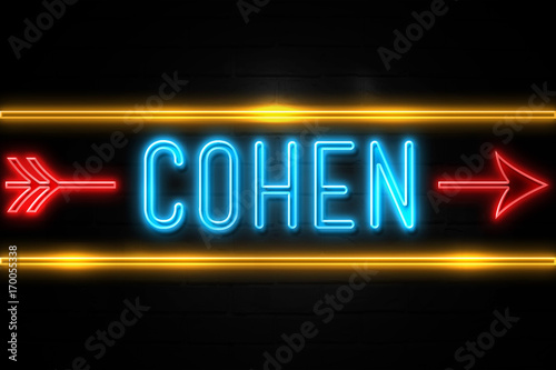 Cohen - fluorescent Neon Sign on brickwall Front view