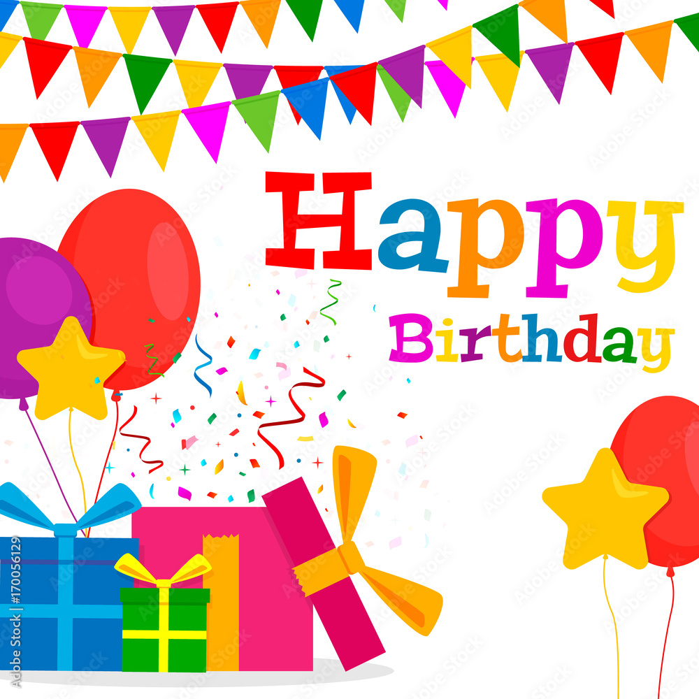 Celebration Web banner with Text Happy Birthday and Garlands of Colour Flags, Confetti Gift Boxes and Balloons. Vector Illustration. Celebration Web banner with Text Happy Birthday and Garlands of Colour Flags, Confetti Gift Boxes and Balloons. Vector Illustration.