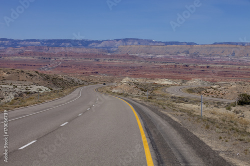 Scenic Interstate 70 (I-70) in Utah in a remote section of the San Rafael Swell, part of the Colorado Plateau.