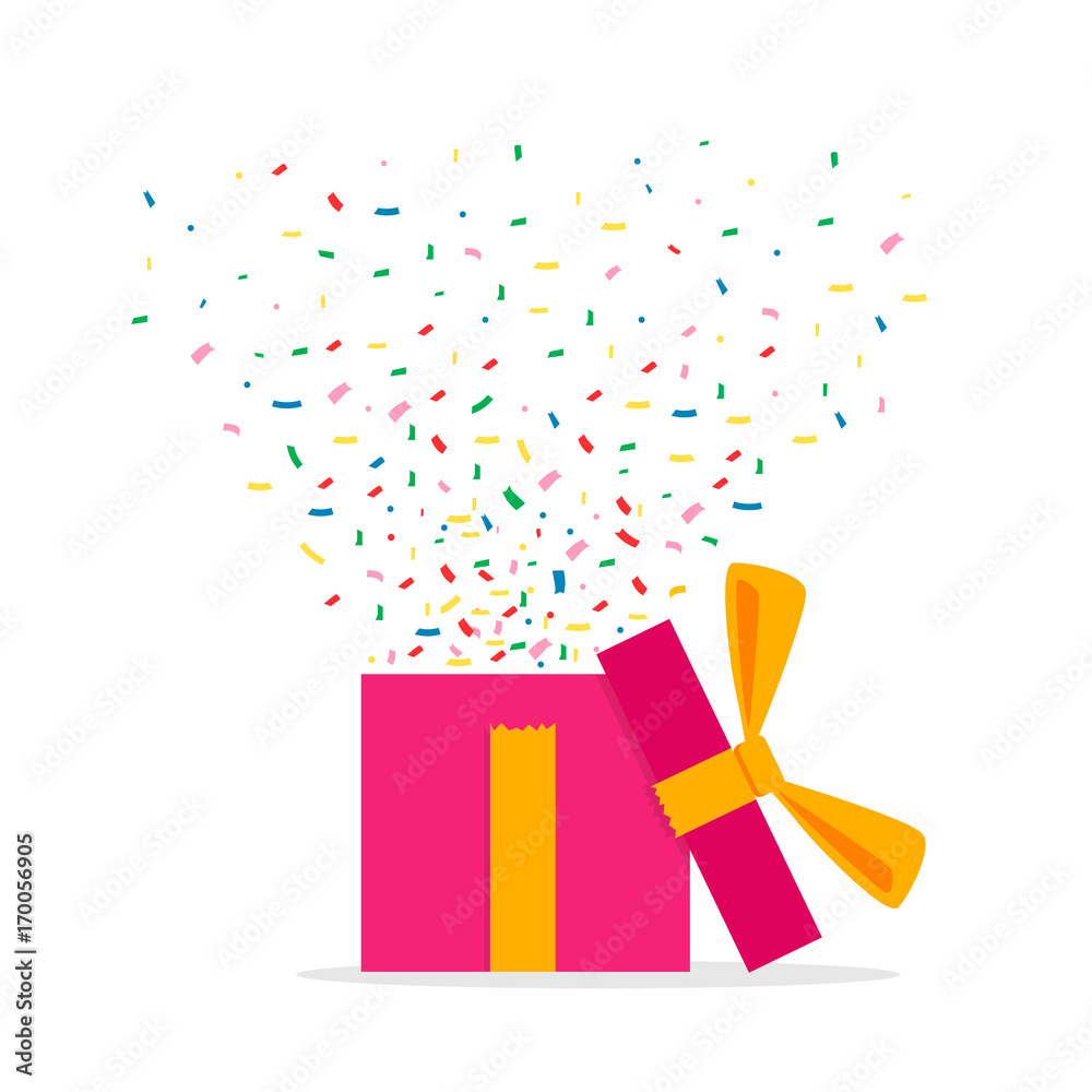 Opened Gift Box and Confetti. Surprise. Vector Illustration Isolated on White Background. Opened Gift Box and Confetti. Surprise. Vector Illustration Isolated on White Background.