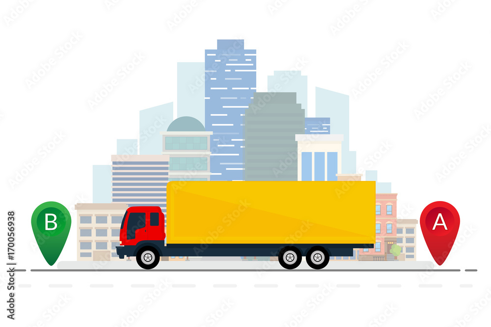 Delivery truck on city background. Vector illustration. Flat design. ESP10.