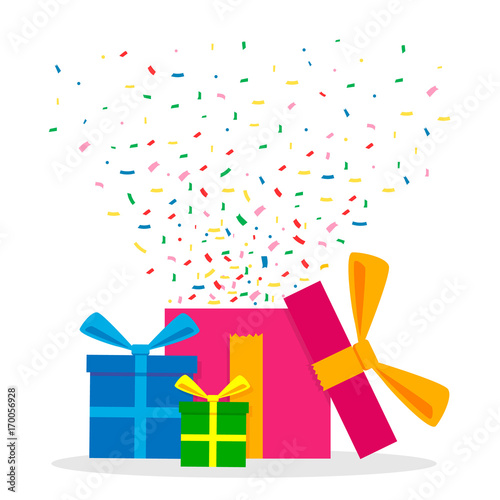 Three Gift Box and Confetti. Surprise. Vector Illustration Isolated on White Background.
