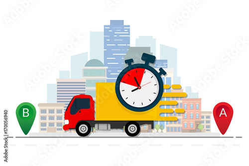 Fast delivery truck on city background. Vector illustration. Flat design. ESP10.