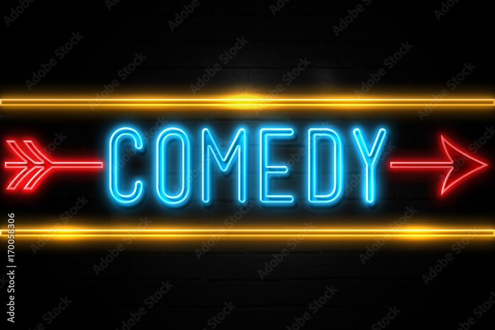 Comedy  - fluorescent Neon Sign on brickwall Front view