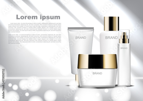 Beauty cosmetic ads template, white cosmetic set with shining light and bokeh