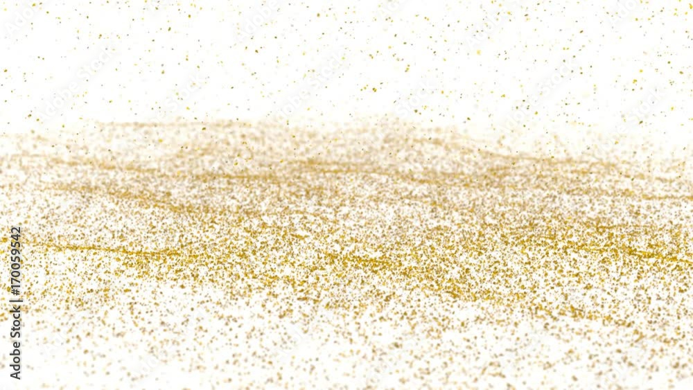 Animated falling realistic gold flakes onto white base already covered in some gold dust, sand or particles. Static camera. Animated falling realistic gold flakes onto white base already covered in some gold dust, sand or particles. Static camera.