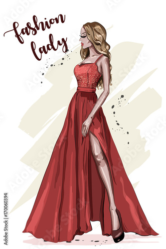 Beautiful young woman in red dress. Hand drawn girl in fashion clothes. Stylish fashion model. Sketch. Vector illustration.
