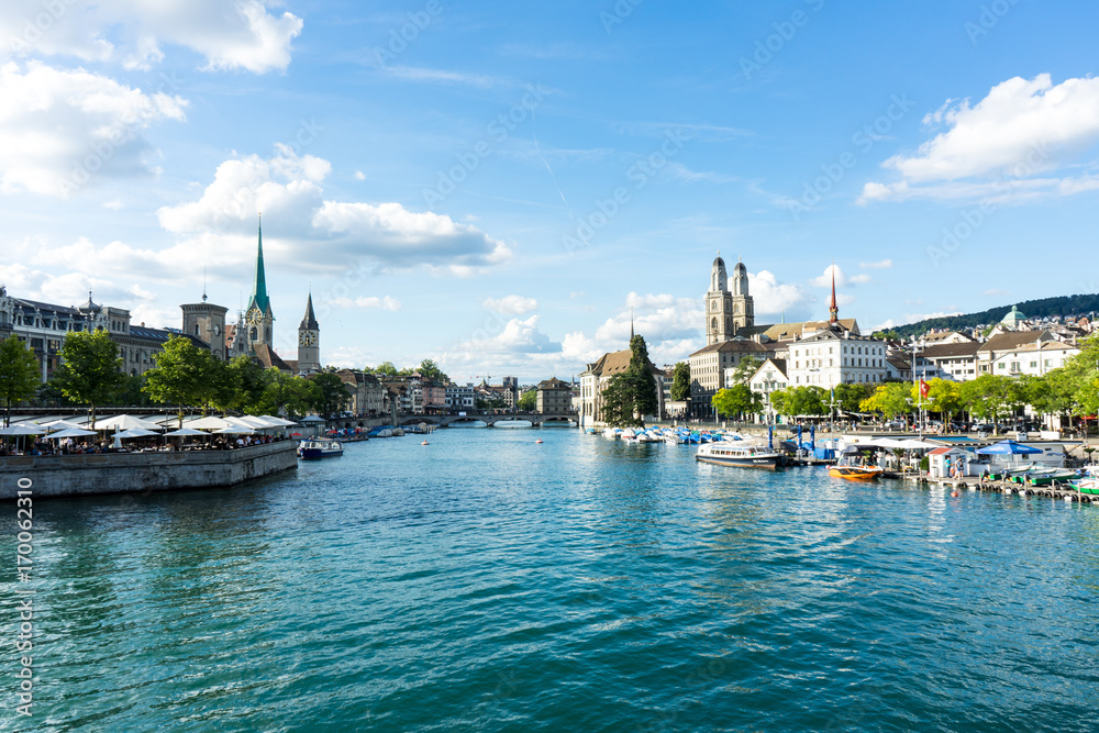 zurich inner city historic view with water in summer for tourism and travel