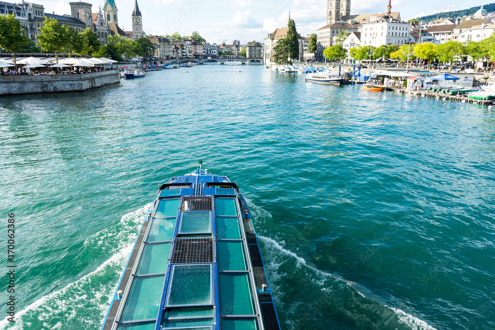 zurich inner city view with boat on water and historic site