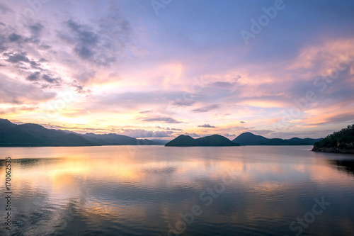 beautiful sunset on the reservoir at Khuean Srinagarindra National Park kanchanaburi povince   landscape Thailand   