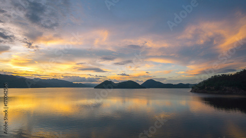 beautiful sunset on the reservoir at Khuean Srinagarindra National Park kanchanaburi povince   landscape Thailand   