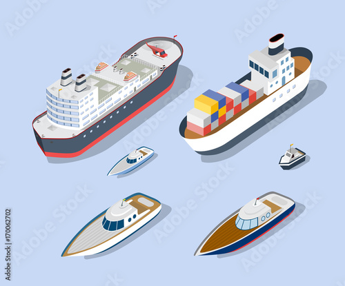 Isometric models of ships, yachts, boats and sea freight vehicles industry