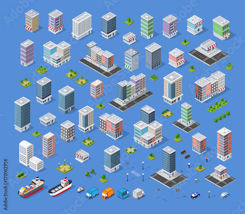 Cityscape design elements with isometric building city map kit, flat icon set. Isolated collection elements for creating your perfect road, park, transport, trees, infrastructure