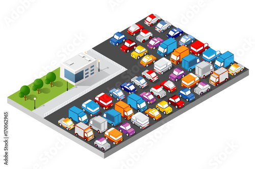 Isometric illustration of a city street with cars and trucks transport infrastructure of the town