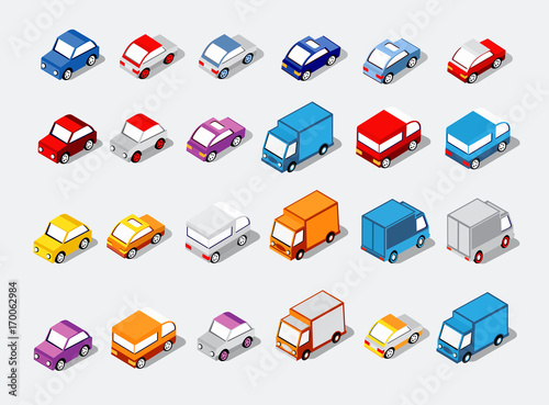 Isometric set cars and trucks transport infrastructure of the town
