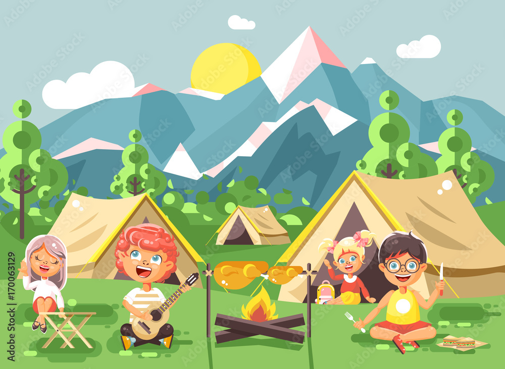  hildren boy sings playing guitar with girl scouts, camping on nature, hike tents and backpacks, adventure park outdoor background of mountains flat style