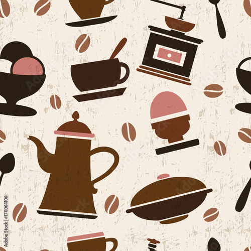 Seamless repeating tile pattern with elements of coffee, cafe, breakfast, menu, coffeepot