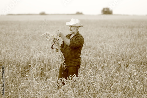 фермер в соломенной шляпе с серпом в пшеничном поле
