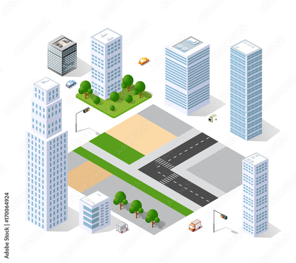 Set of isometric objects and elements for construction and constructing the urban area of the city infrastructure with transport, streets, houses and trees Set of isometric objects and elements for construction and constructing the urban area of the city infrastructure with transport, streets, houses and trees