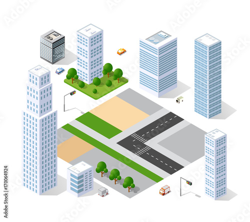 Set of isometric objects and elements for construction and constructing the urban area of the city infrastructure with transport, streets, houses and trees