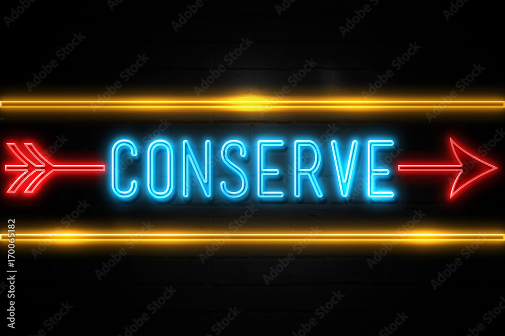 Conserve - fluorescent Neon Sign on brickwall Front view Conserve - fluorescent Neon Sign on brickwall Front view