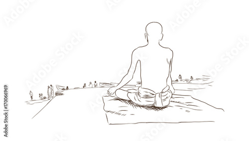 Hand drawn sketch of A Hindu man sitting with a turban next to the holy Ganges river and praying in the sunrise in vector.