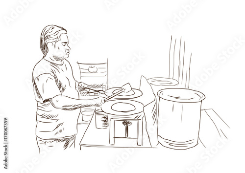 Hand drawn sketch of Indian man making Street food in vector.